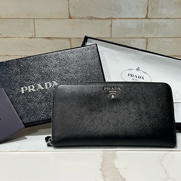 Prada Handbags - Prada Nero/Mughett Saffiano Leather Zip-Around Wallet